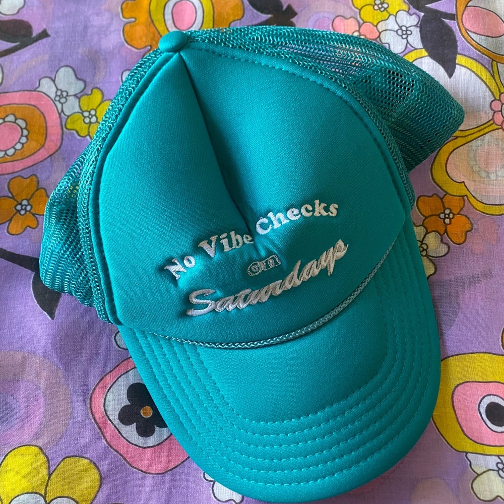 Teal 'No Vibe Checks on Saturdays' Trucker Hat Vintage Used